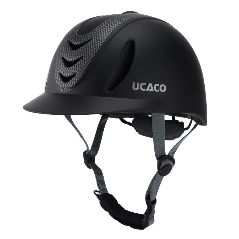 Riding helmet in carbon flower black with PC moulded shell on white background