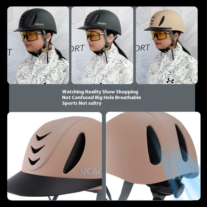 Riding helmet in carbon flower black with PC moulded shell on white background