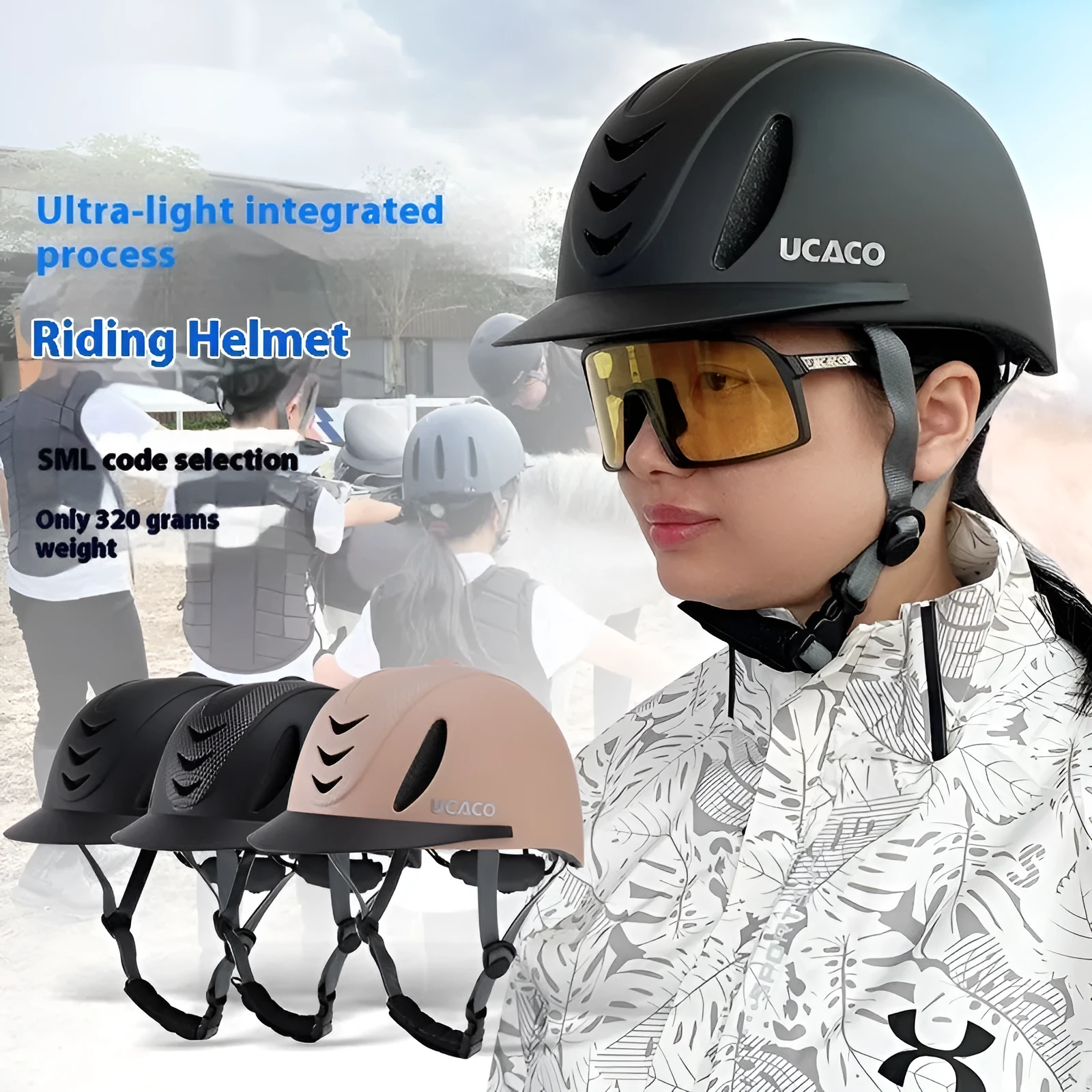 Riding helmet in carbon flower black with PC moulded shell on white background