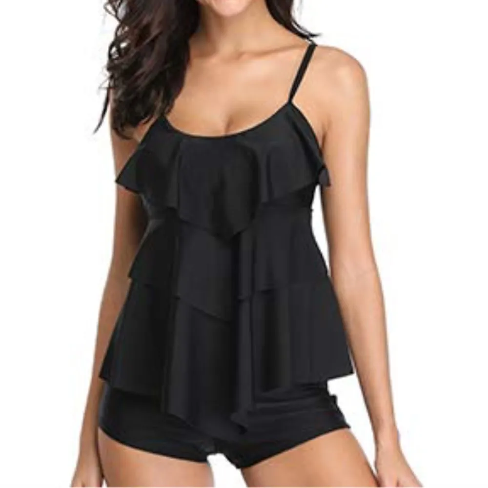 European style bikini large size boxer set for women in black with polyester lining and high elasticity