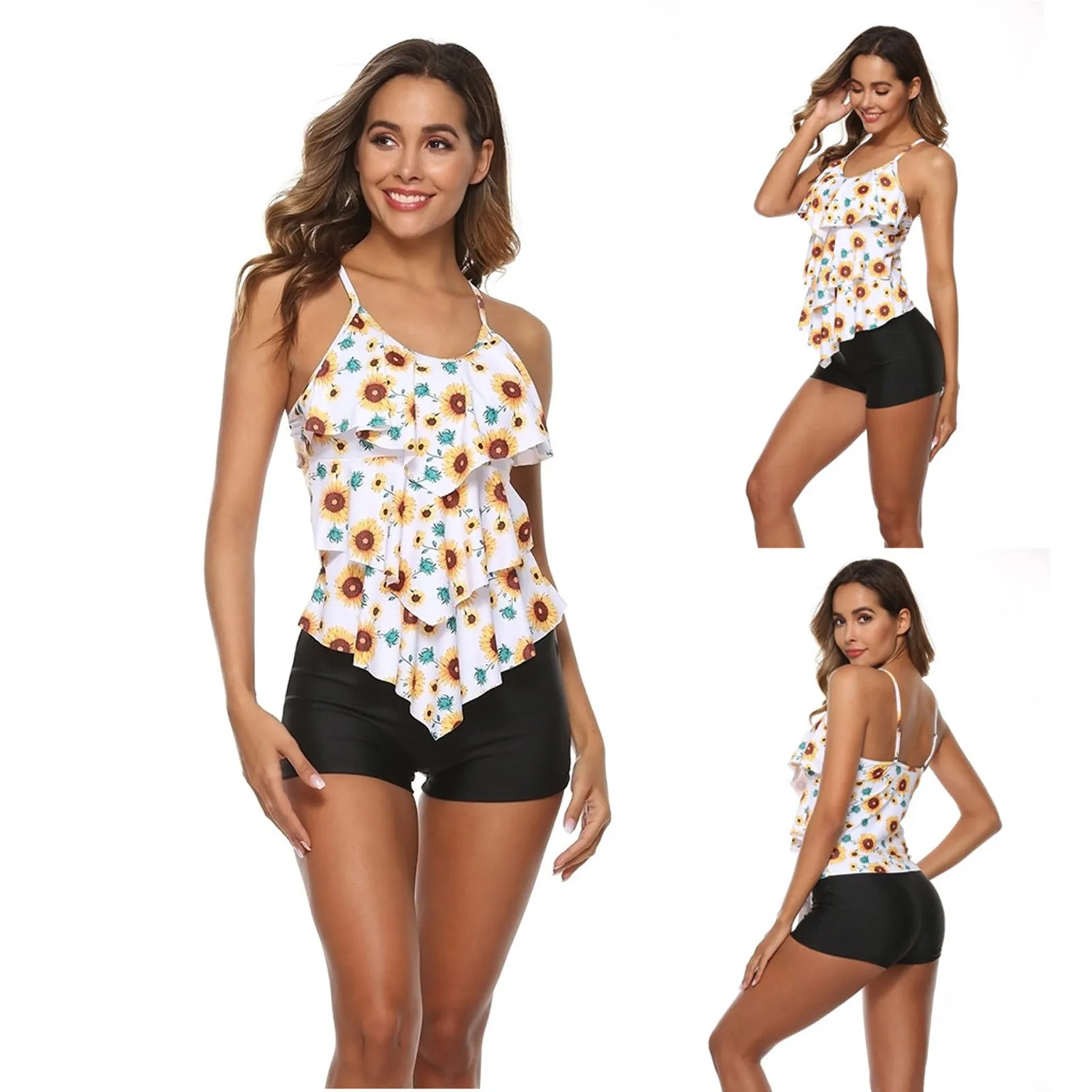 European style bikini large size boxer set for women in black with polyester lining and high elasticity
