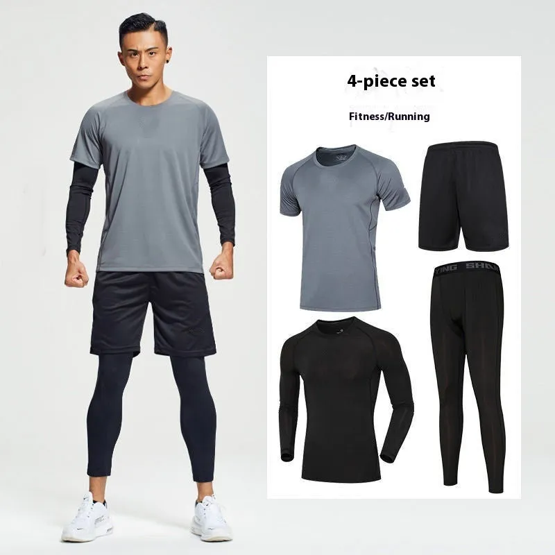 Quick-drying sports suit with short sleeves and pants in gray, black, or white for running and gym workouts