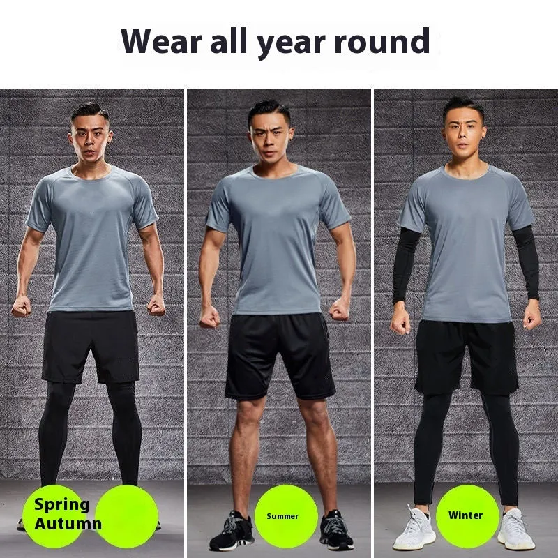 Quick-drying sports suit with short sleeves and pants in gray, black, or white for running and gym workouts