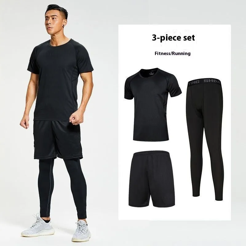 Quick-drying sports suit with short sleeves and pants in gray, black, or white for running and gym workouts
