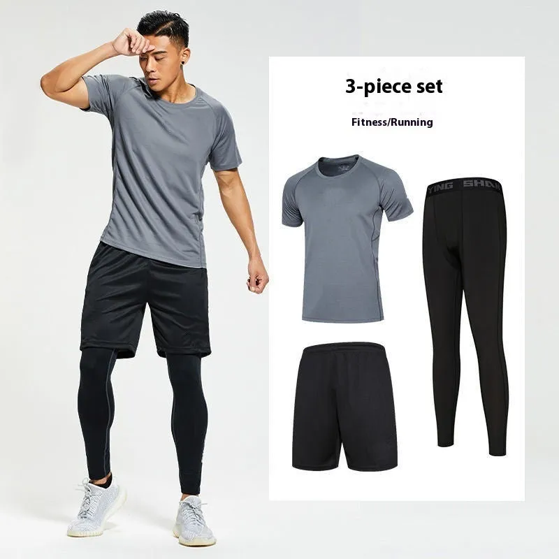 Quick-drying sports suit with short sleeves and pants in gray, black, or white for running and gym workouts
