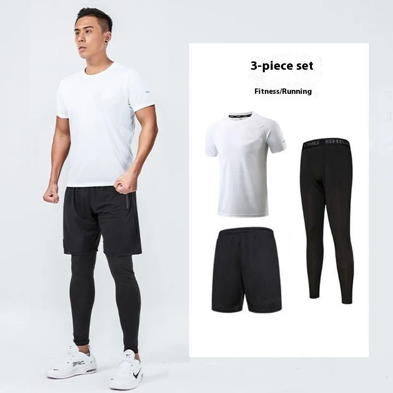 Quick-drying sports suit with short sleeves and pants in gray, black, or white for running and gym workouts