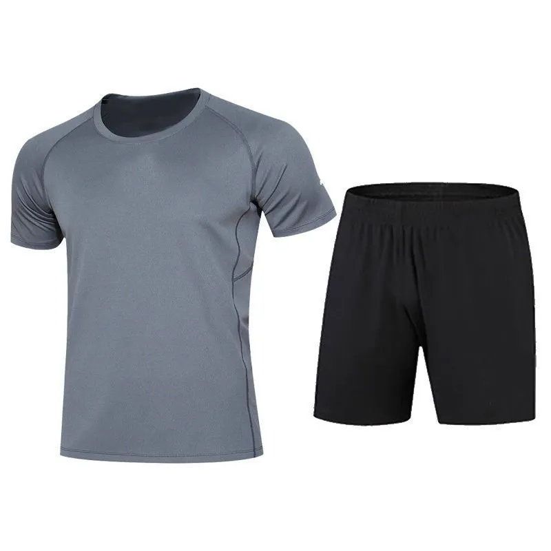 Quick-drying sports suit with short sleeves and pants in gray, black, or white for running and gym workouts