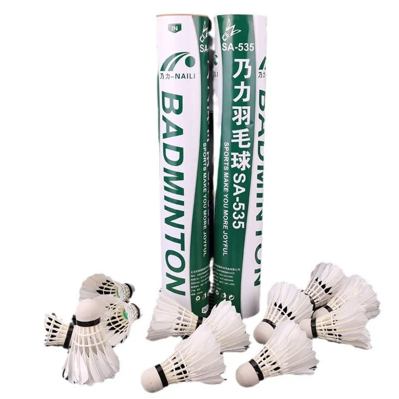 White nylon badminton shuttlecocks in a 12-piece pack on a bright background