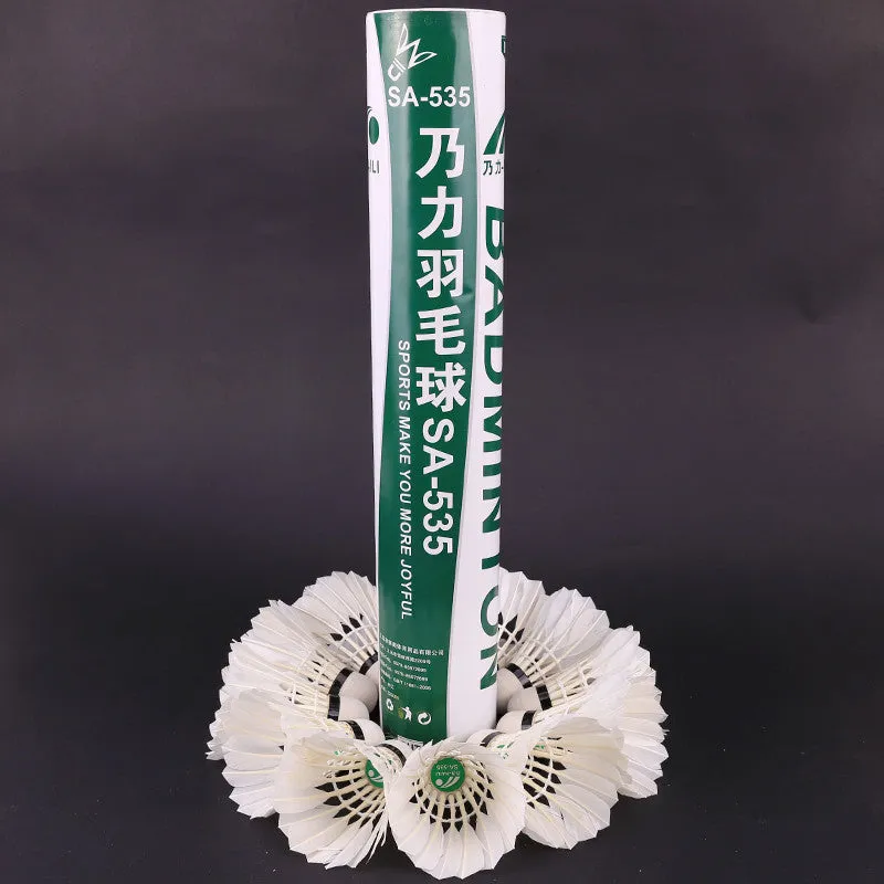 White nylon badminton shuttlecocks in a 12-piece pack on a bright background