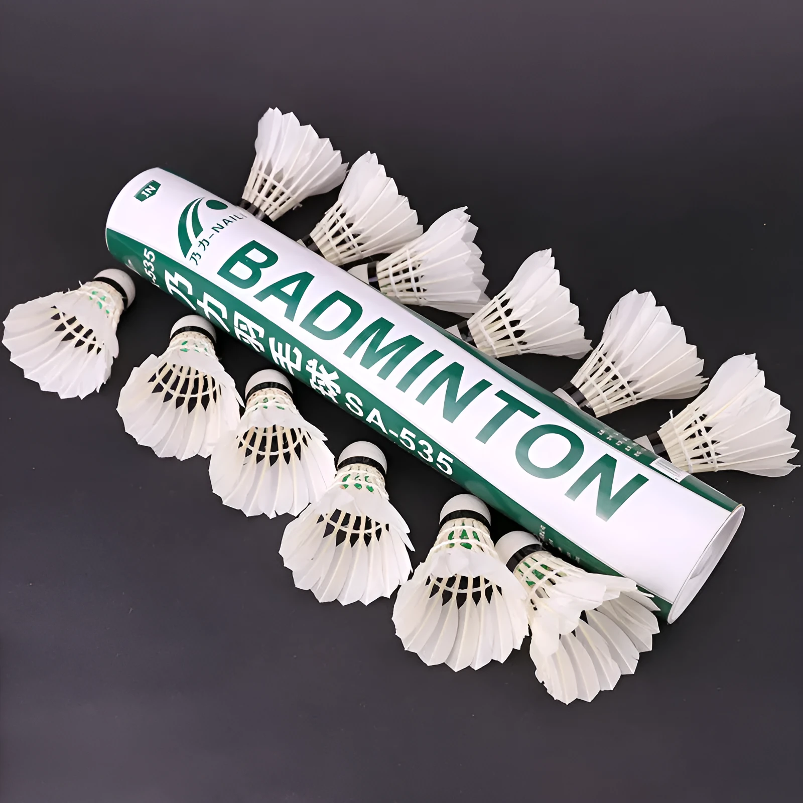 White nylon badminton shuttlecocks in a 12-piece pack on a bright background