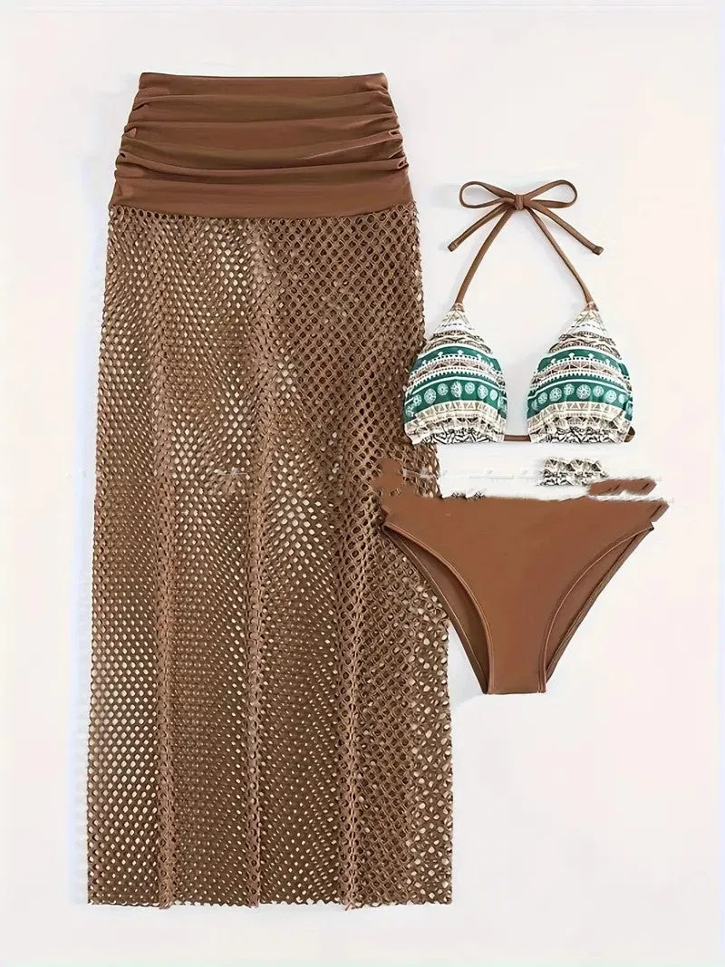 Women's brown, rose pink, and black three-piece bikini set with a long fishnet skirt.