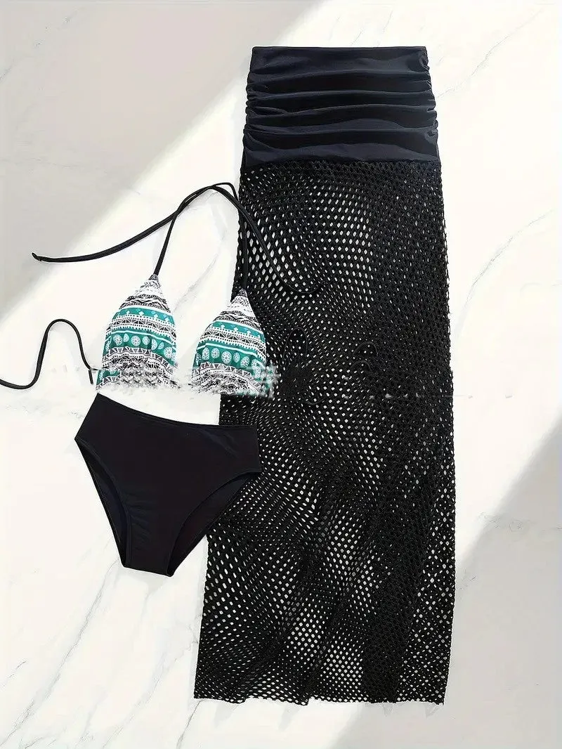 Women's brown, rose pink, and black three-piece bikini set with a long fishnet skirt.