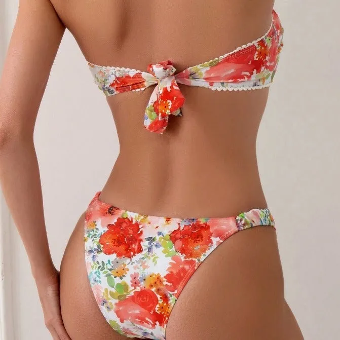 Women's shell print split backless bikini suit in lavender purple with high-waist floral briefs