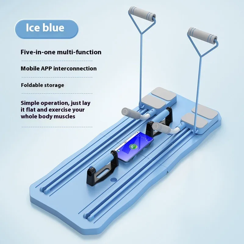 Blue multi functional fitness board with foldable design and Ab rocket on a light background