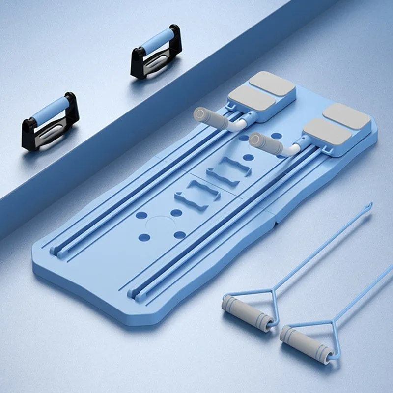 Blue multi functional fitness board with foldable design and Ab rocket on a light background