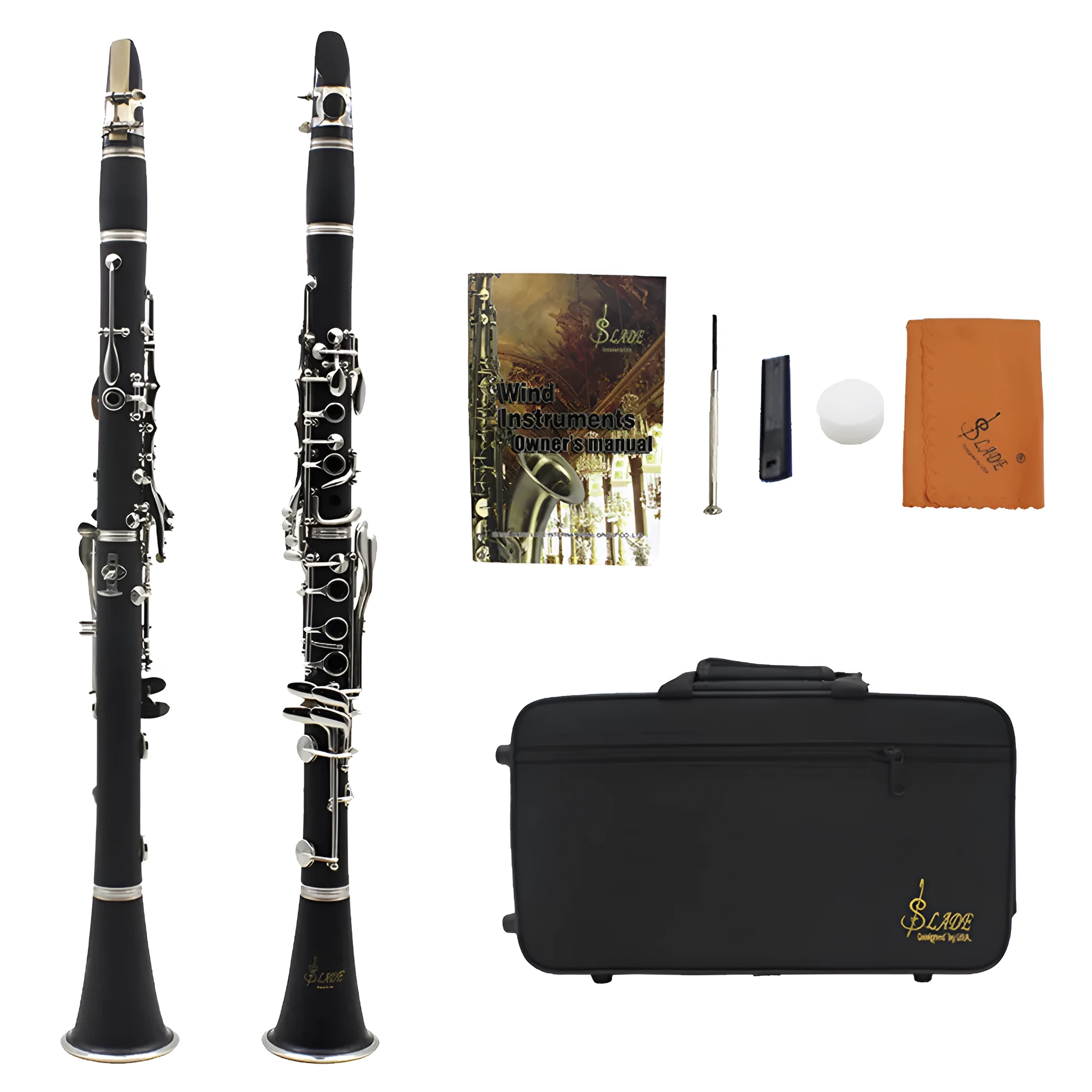 Black Bakelite beginner clarinet with nickel-plated 17-key mechanism and storage bag