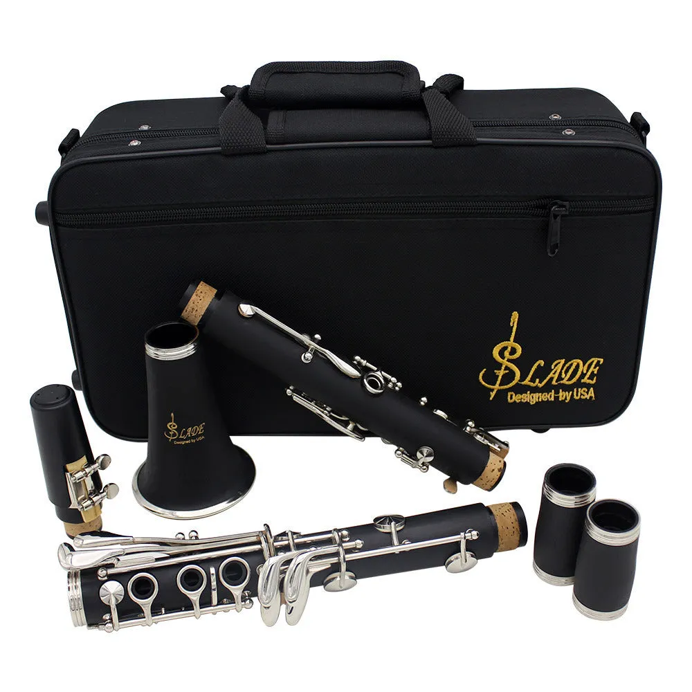 Black Bakelite beginner clarinet with nickel-plated 17-key mechanism and storage bag