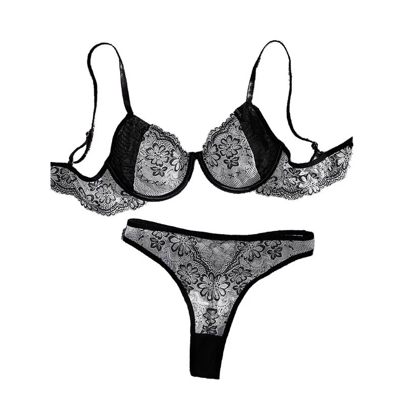 Women's black and white floral embroidered polyester three-point underwear suit set