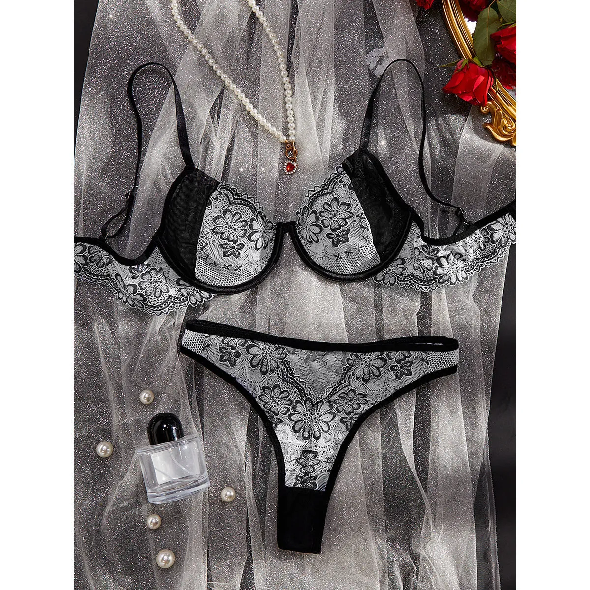 Women's black and white floral embroidered polyester three-point underwear suit set