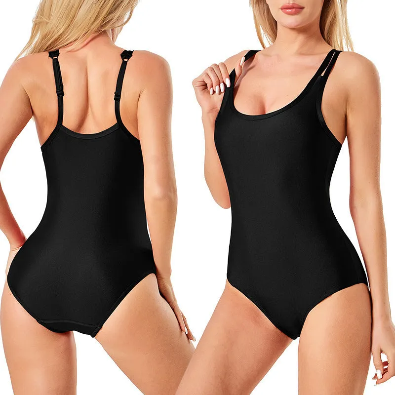 Black nylon-polyester women's swimsuit brief on plain background