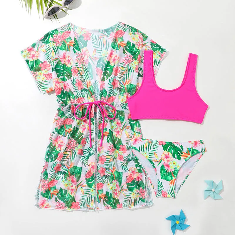 Girls' floral print three-piece swimsuit set with overclothes for swimming.