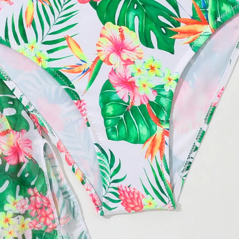 Girls' floral print three-piece swimsuit set with overclothes for swimming.
