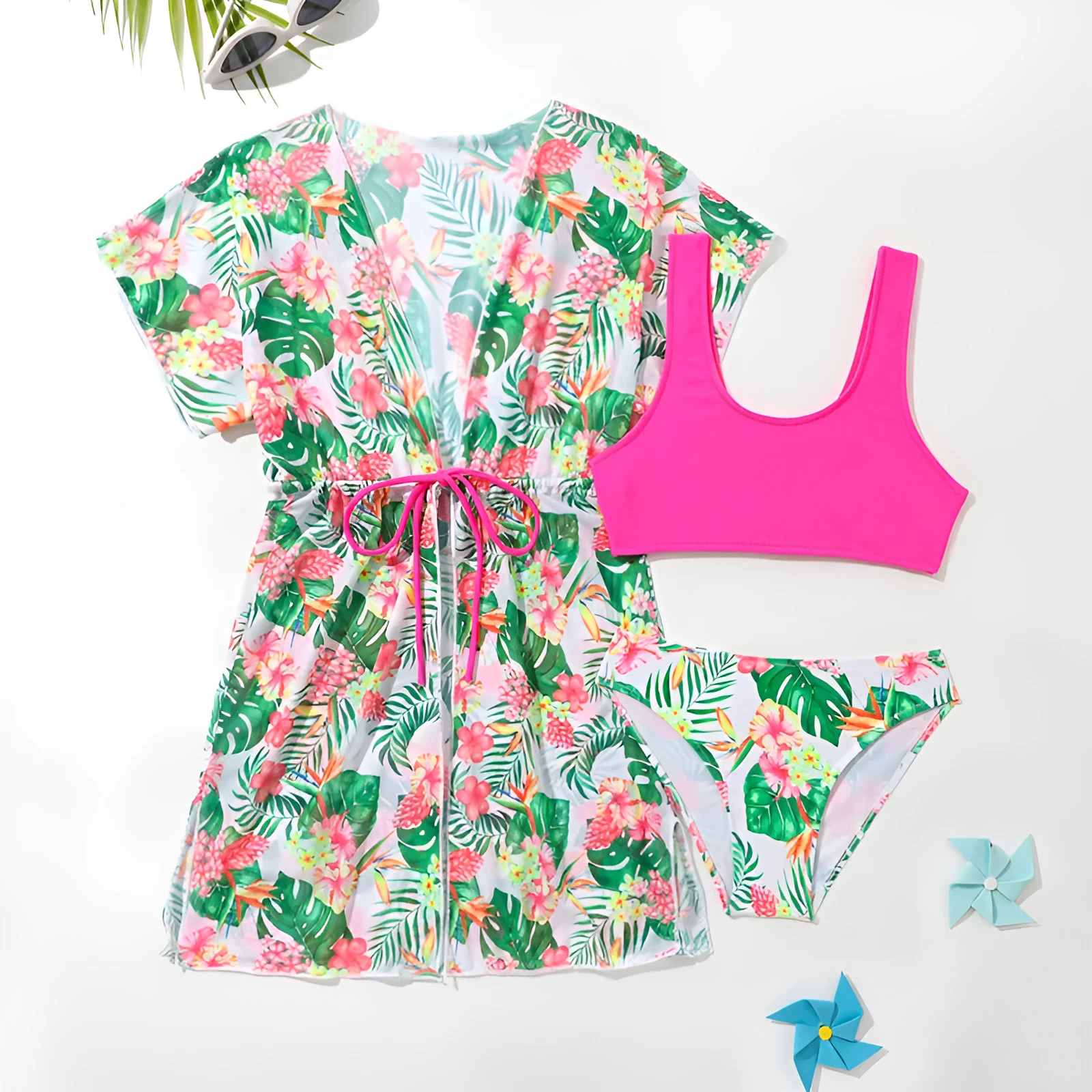 Girls' floral print three-piece swimsuit set with overclothes for swimming.