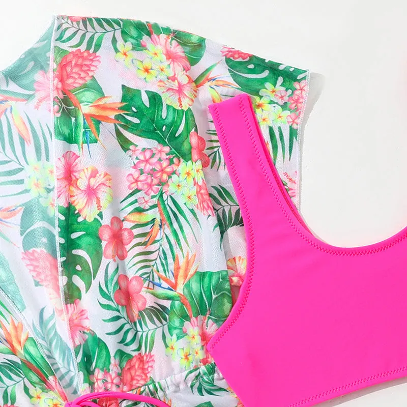 Girls' floral print three-piece swimsuit set with overclothes for swimming.