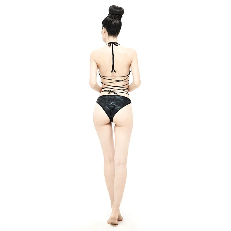 Black triangle one-piece backless swimsuit with gather detailing and wireless cup, on display
