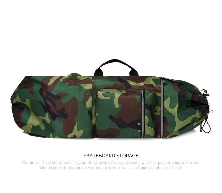Lightweight waterproof nylon skate bag in camouflage colour with skateboard and fishing rod.