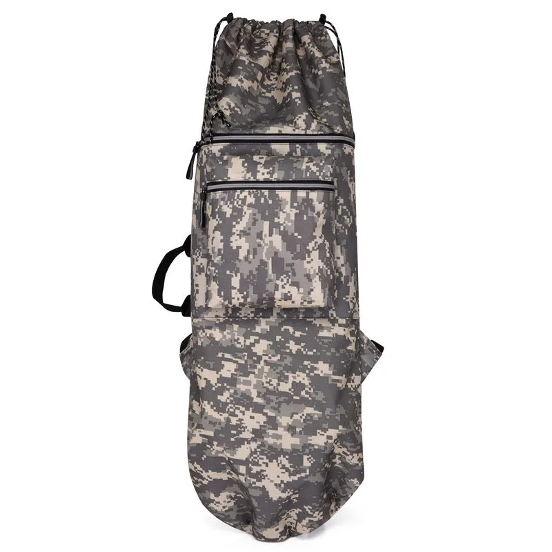 Lightweight waterproof nylon skate bag in camouflage colour with skateboard and fishing rod.