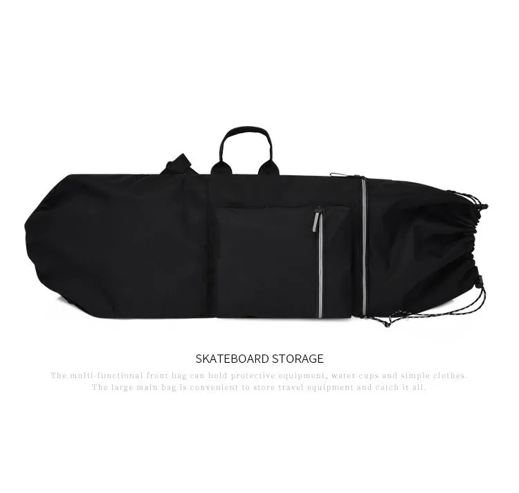Lightweight waterproof nylon skate bag in camouflage colour with skateboard and fishing rod.