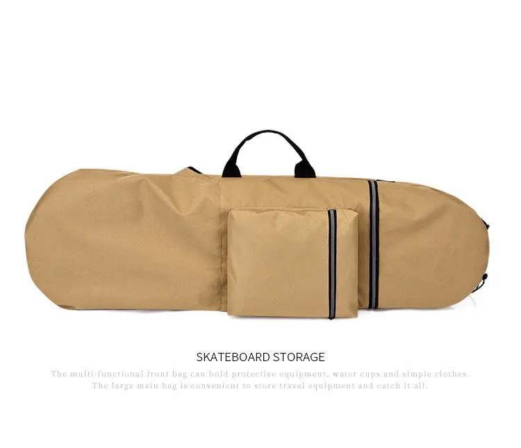Lightweight waterproof nylon skate bag in camouflage colour with skateboard and fishing rod.
