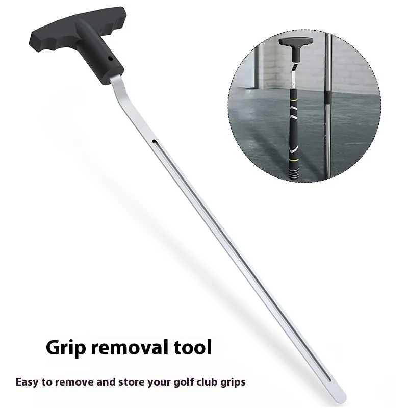 Silver golf grip dismantlement tool with high carbon steel blade and plastic handle on plain background