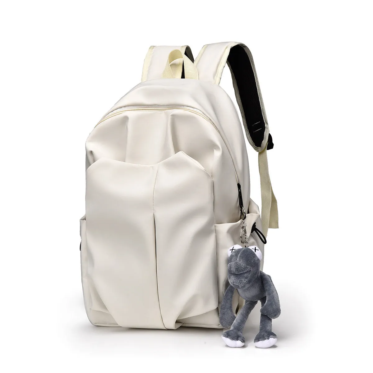Casual large capacity Oxford cloth backpack in black with curved shoulder straps and sewing line detail