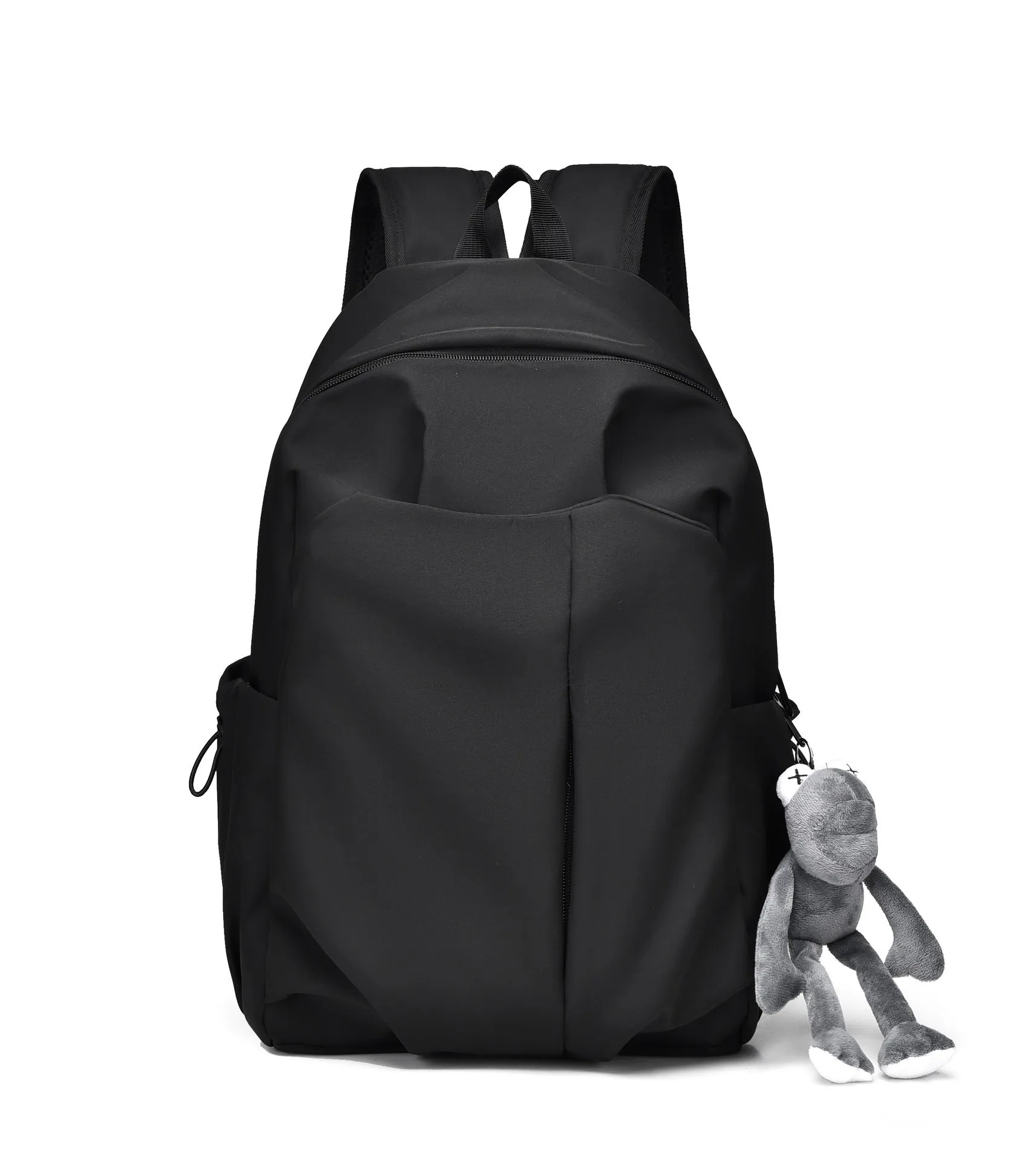 Casual large capacity Oxford cloth backpack in black with curved shoulder straps and sewing line detail