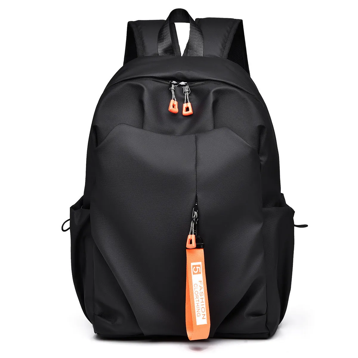 Casual large capacity Oxford cloth backpack in black with curved shoulder straps and sewing line detail