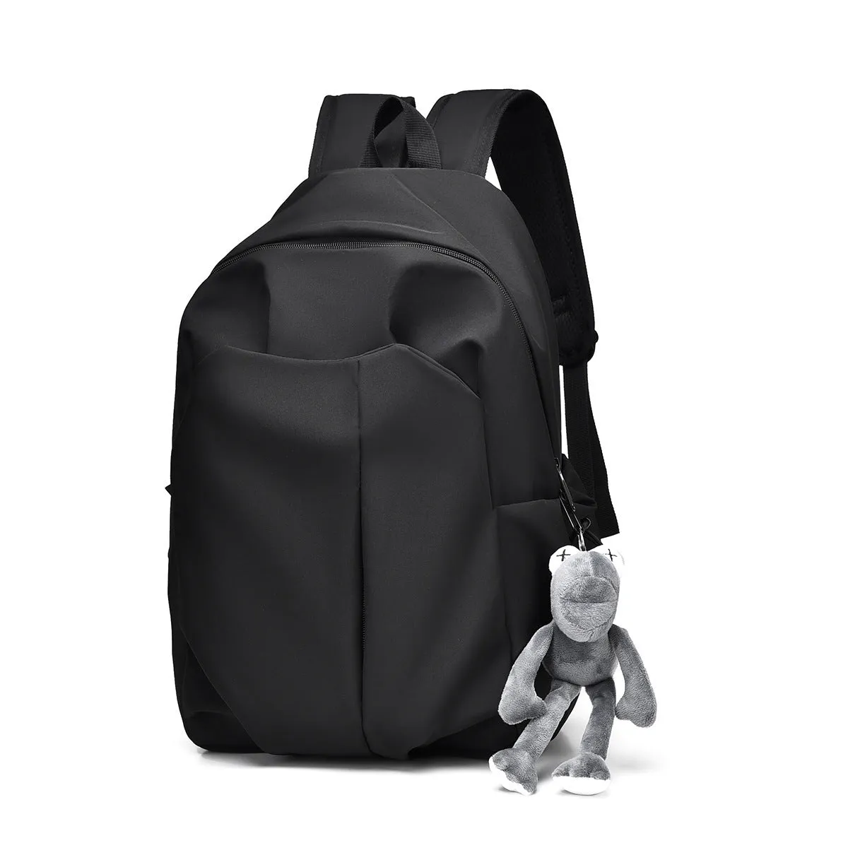 Casual large capacity Oxford cloth backpack in black with curved shoulder straps and sewing line detail