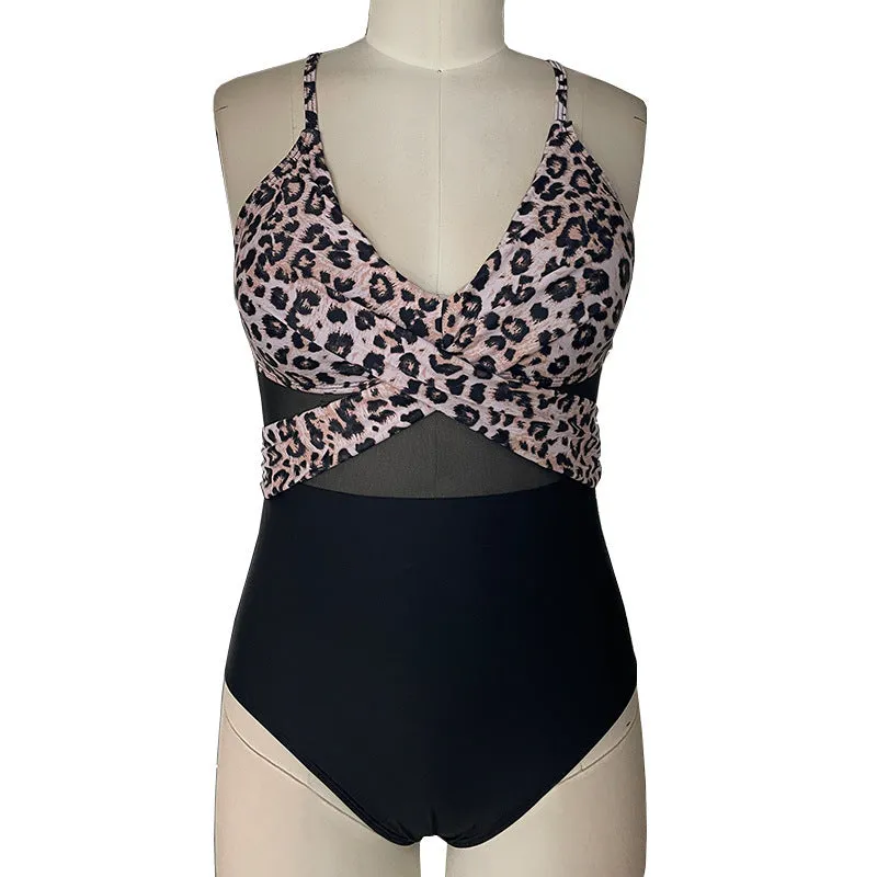 Women's mesh spliced backless one-piece swimsuit in black, solid colour, polyester lining, swimming sport