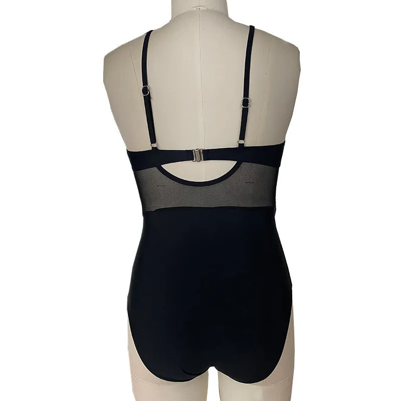 Women's mesh spliced backless one-piece swimsuit in black, solid colour, polyester lining, swimming sport