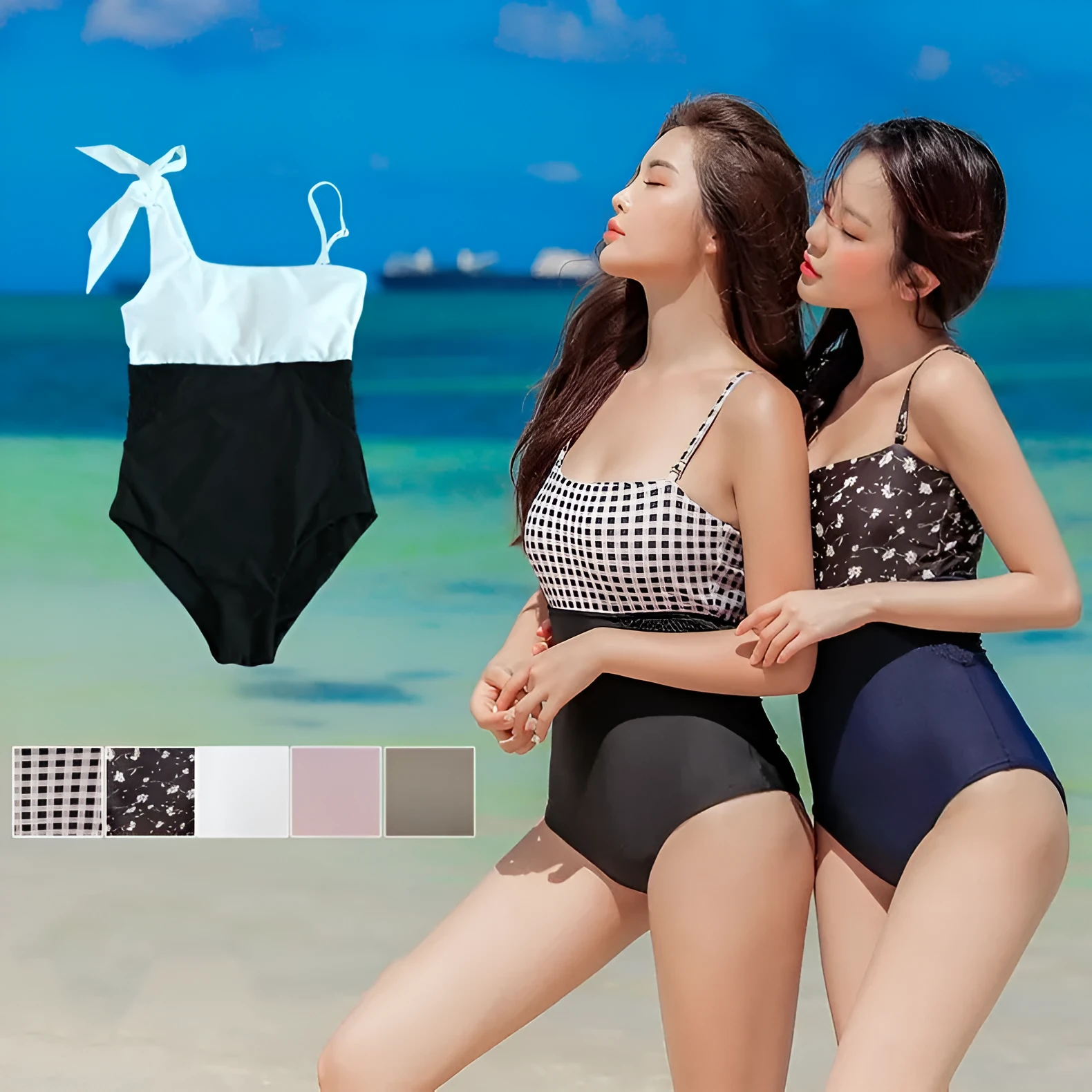 Women's one-piece polyester swimsuit in Black Flower Navy Blue pattern, size S M L available