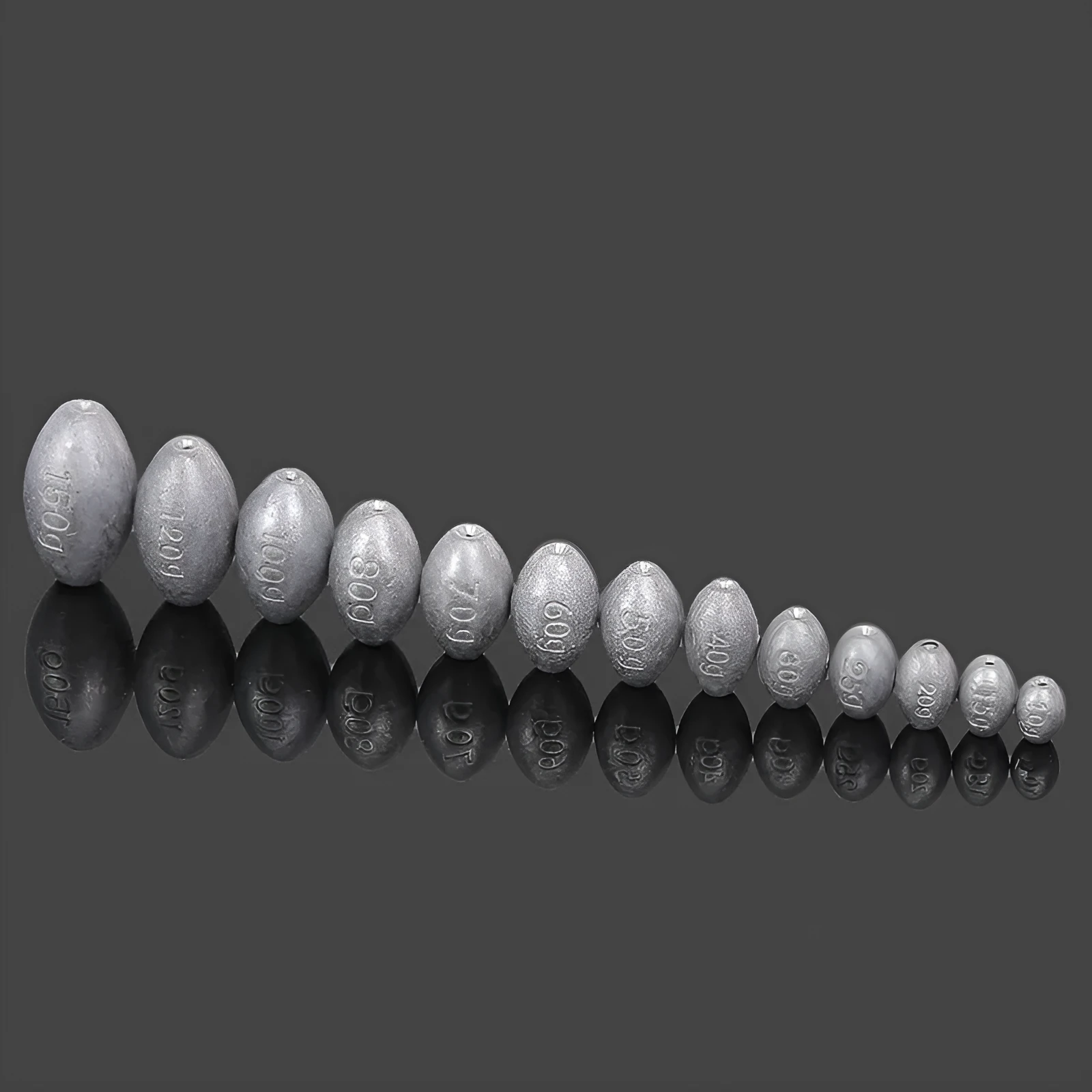 Tongxin Sinker olive pendant fishing weight with rugby shape and scale texture, weights from 10g to 150g.