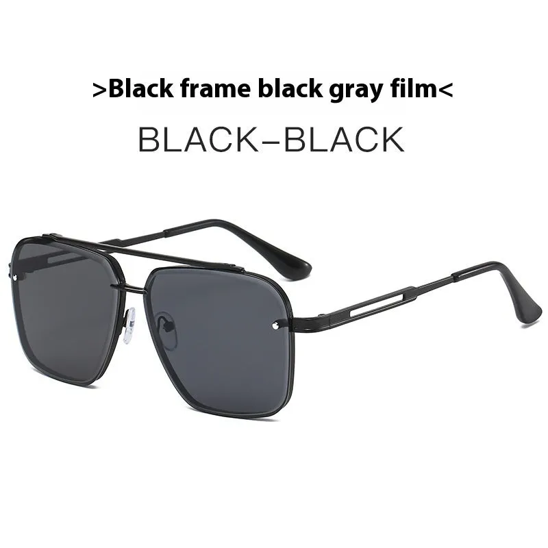 Men's Double Beam Trimmed Metal Box Sunglasses UV400 Sun Protection for Driving Fishing Travel Outdoor Sports Black Frame with Black Gray Patches