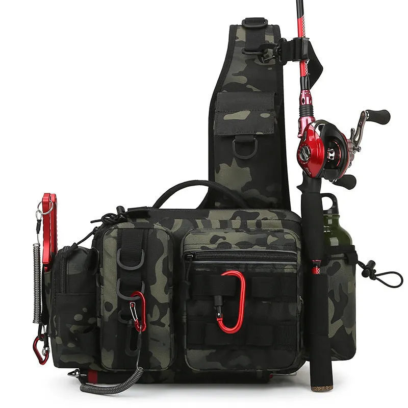 Waterproof fishing bag in black with polyester construction, measuring 19x38x14cm