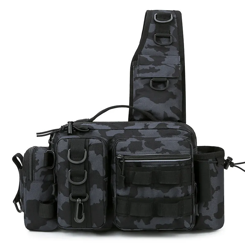 Waterproof fishing bag in black with polyester construction, measuring 19x38x14cm