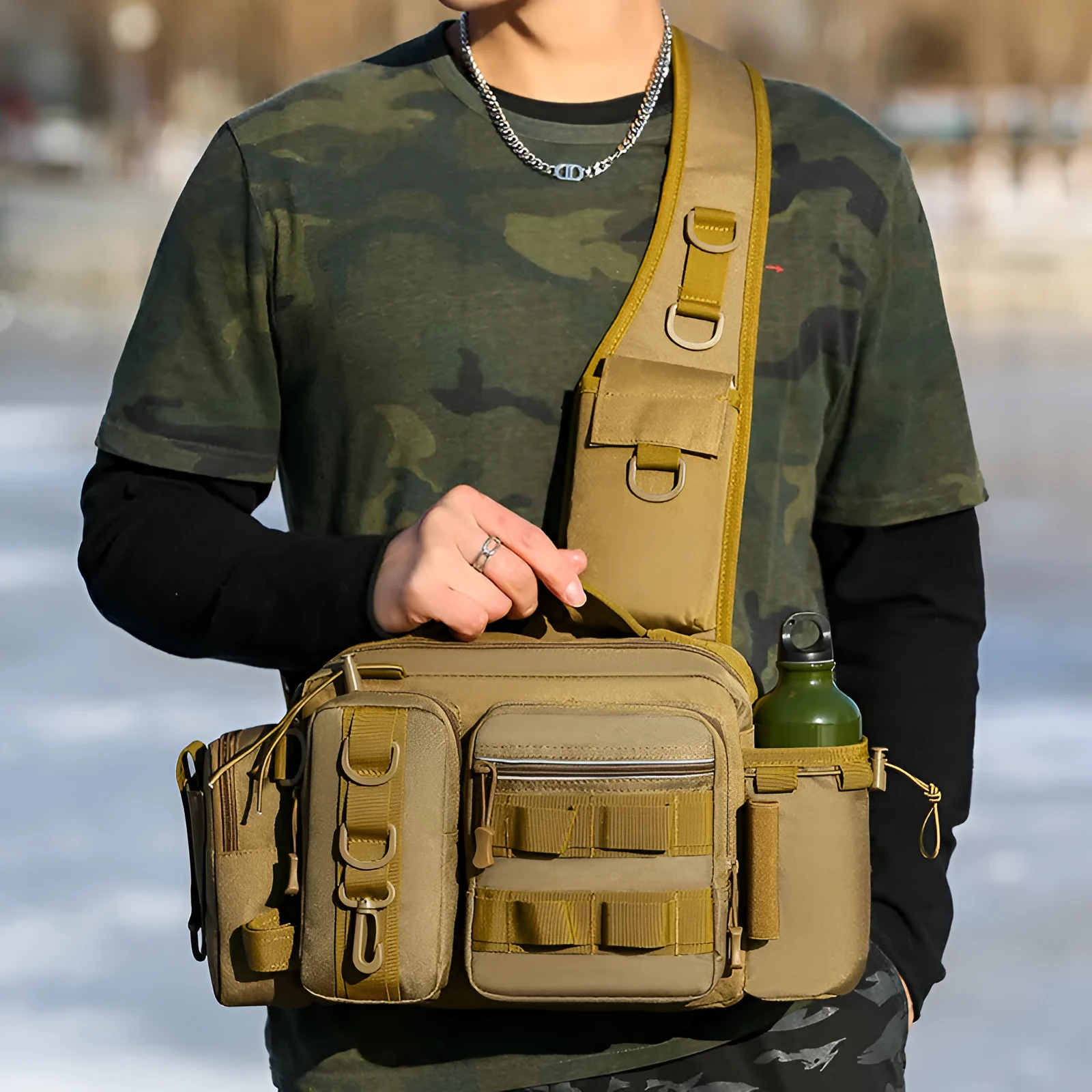 Waterproof fishing bag in black with polyester construction, measuring 19x38x14cm