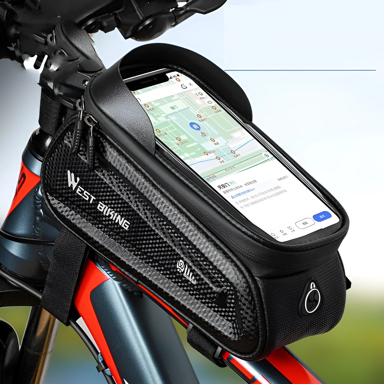 EVA bicycle touch screen saddle bag in black, 1.6 litre capacity, showing upper phone compartment