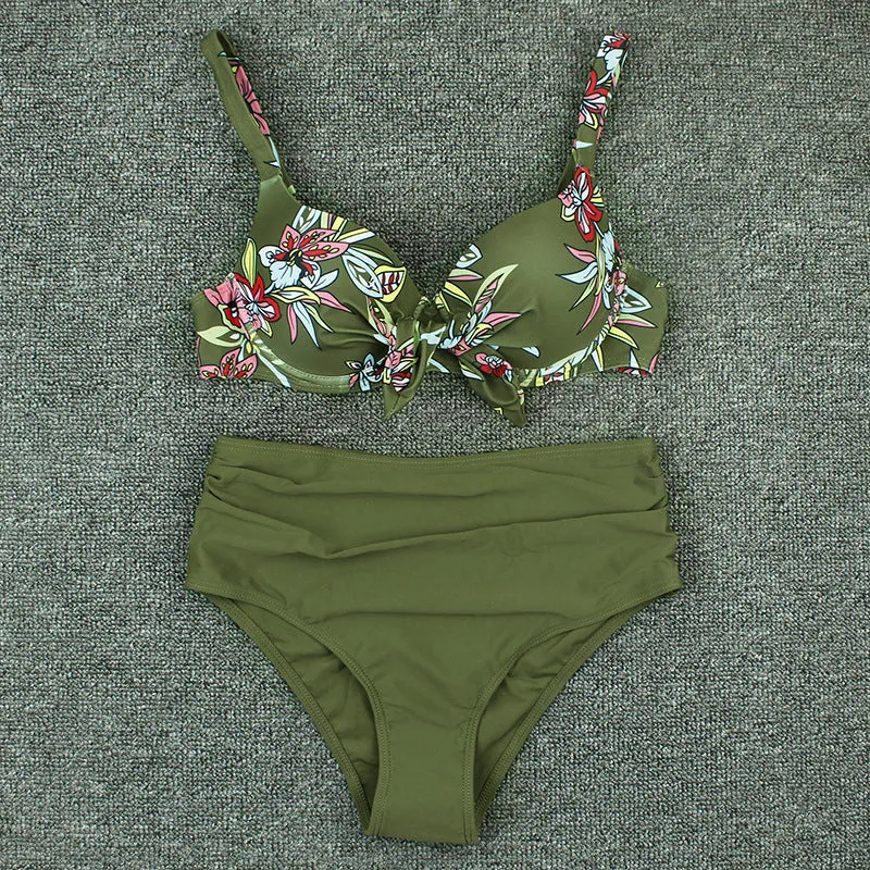 Women's high-waist split bikini set in solid colour with floral print, black or army green, sizes S-XL