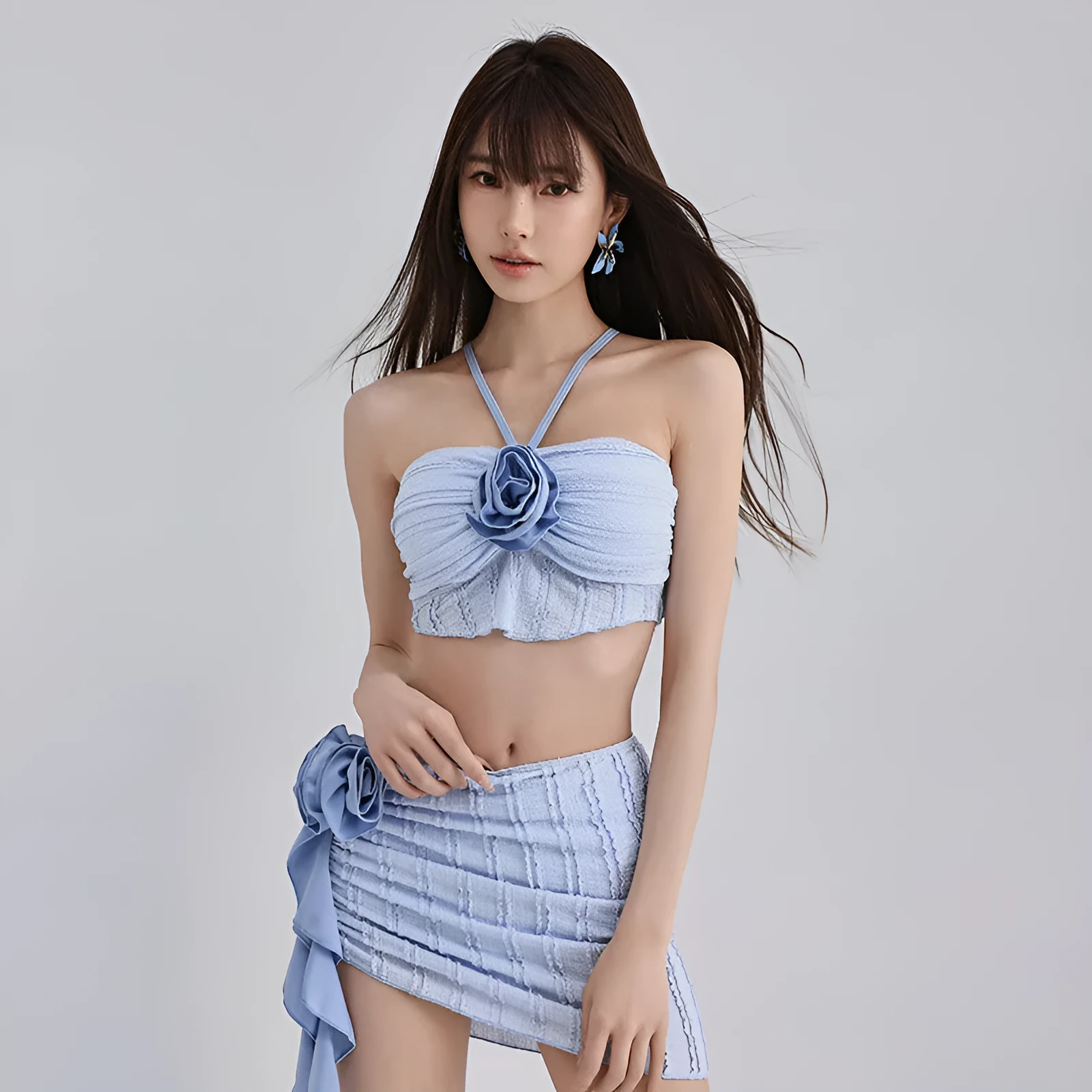 Women's nylon split three-piece swimsuit set in blue, belly coverage design