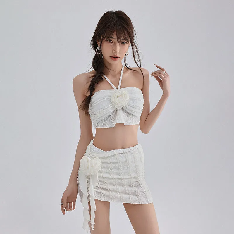 Women's nylon split three-piece swimsuit set in blue, belly coverage design